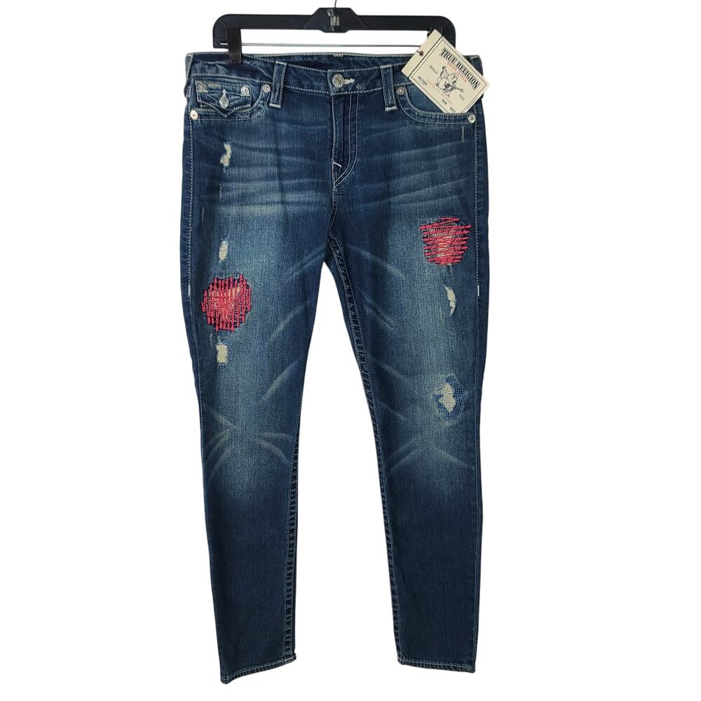 True Religion Blue Denim Distressed Jeans Jeggings Flap Pockets Mid Rise NEW 33